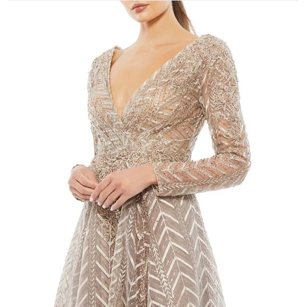 Mac Duggal 20189 Chevron Embellished Long Sleeve Gown Taupe Size 16 Formal - Picture 3 of 16